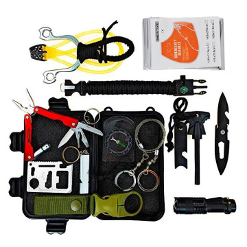 Amazon hot 14pcs portable camping gear and accessories knife led light, slingshot bracelet compass for hiking